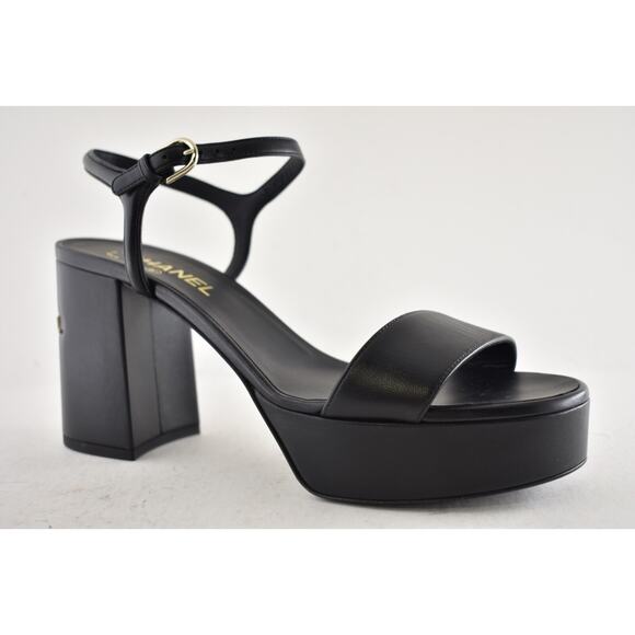 Chanel 24C Black Lambskin Leather Logo Platform Ankle Strap Block Heel Sandal 41 - Picture 3 of 14